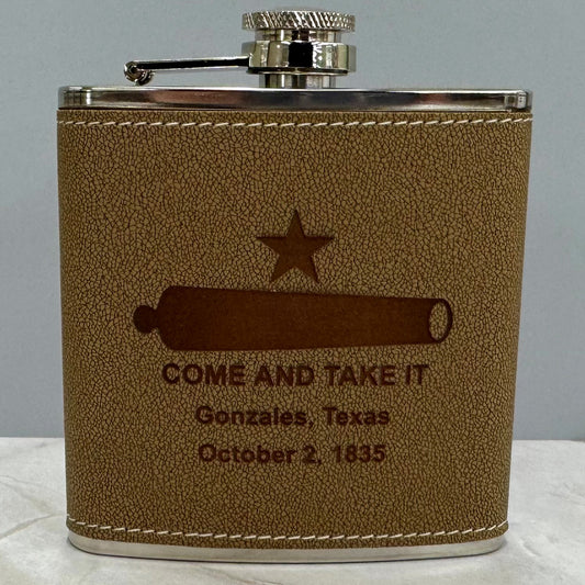 Come and Take It Flask – Stainless Steel Leather-Wrapped 6 oz Flask | Gonzales Texas Souvenir