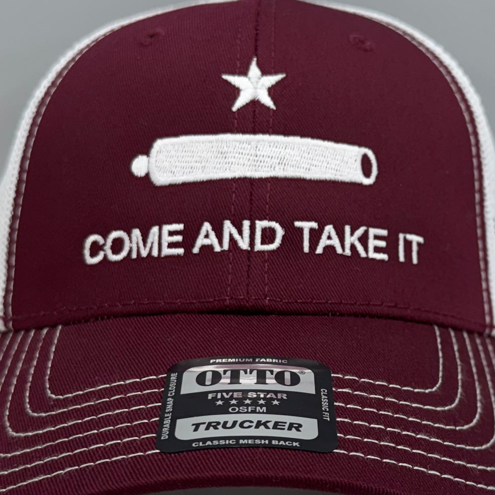Come and Take It OTTO 6-Panel Low Profile Mesh Trucker Hat – White/White/Maroon