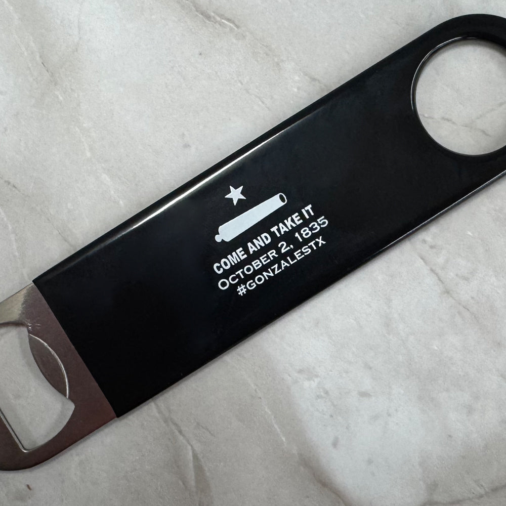 Come and Take It Bottle Opener – Stainless Steel with Black Grip | Gonzales TX Souvenir Bar Tool