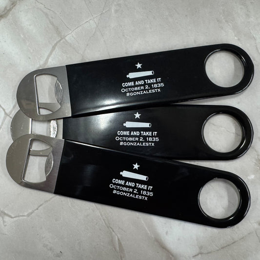 Come and Take It Bottle Opener – Stainless Steel with Black Grip | Gonzales TX Souvenir Bar Tool