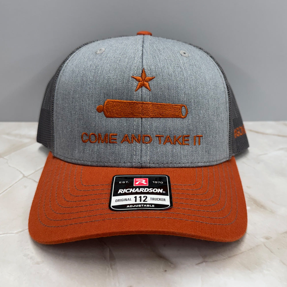 Come and Take It Richardson 112 Trucker Hat – Heather Grey/Charcoal/Dark Orange