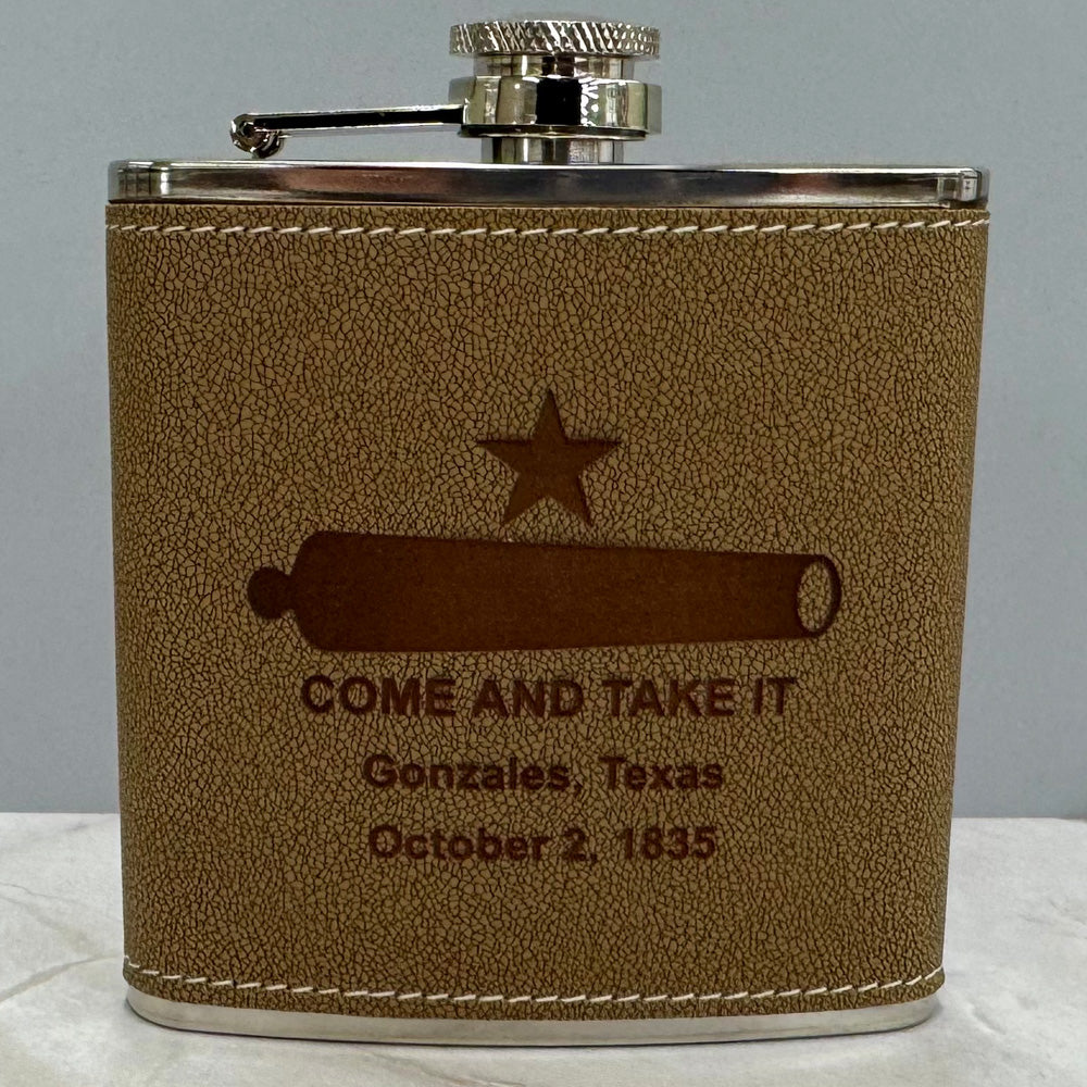 Come and Take It Flask – Stainless Steel Leather-Wrapped 6 oz Flask | Gonzales Texas Souvenir