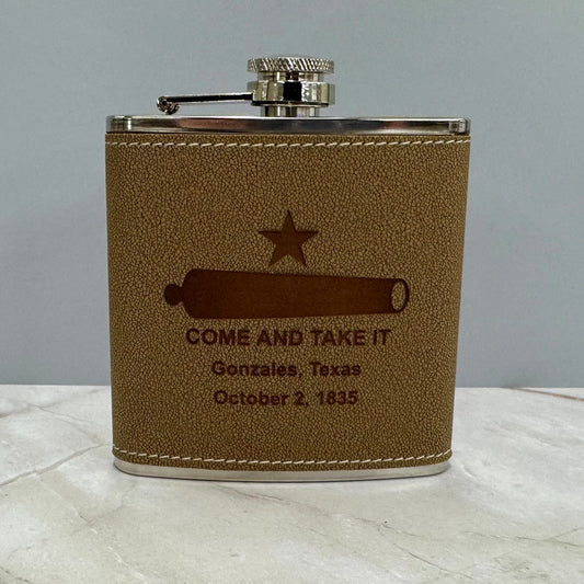 Come and Take It Flask – Stainless Steel Leather-Wrapped 6 oz Flask | Gonzales Texas Souvenir
