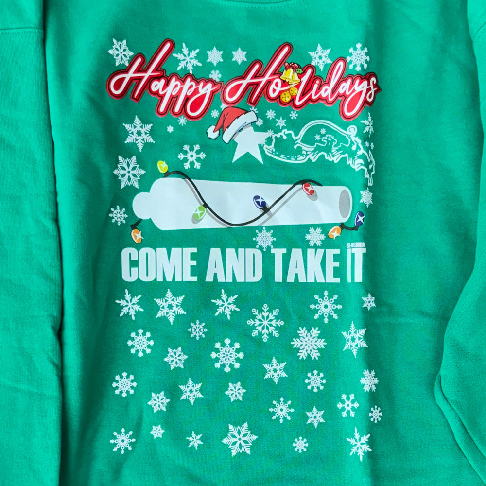 Happy Holidays Come and Take It Sweatshirt – Hanes EcoSmart Fleece | Gonzales TX Christmas Crewneck