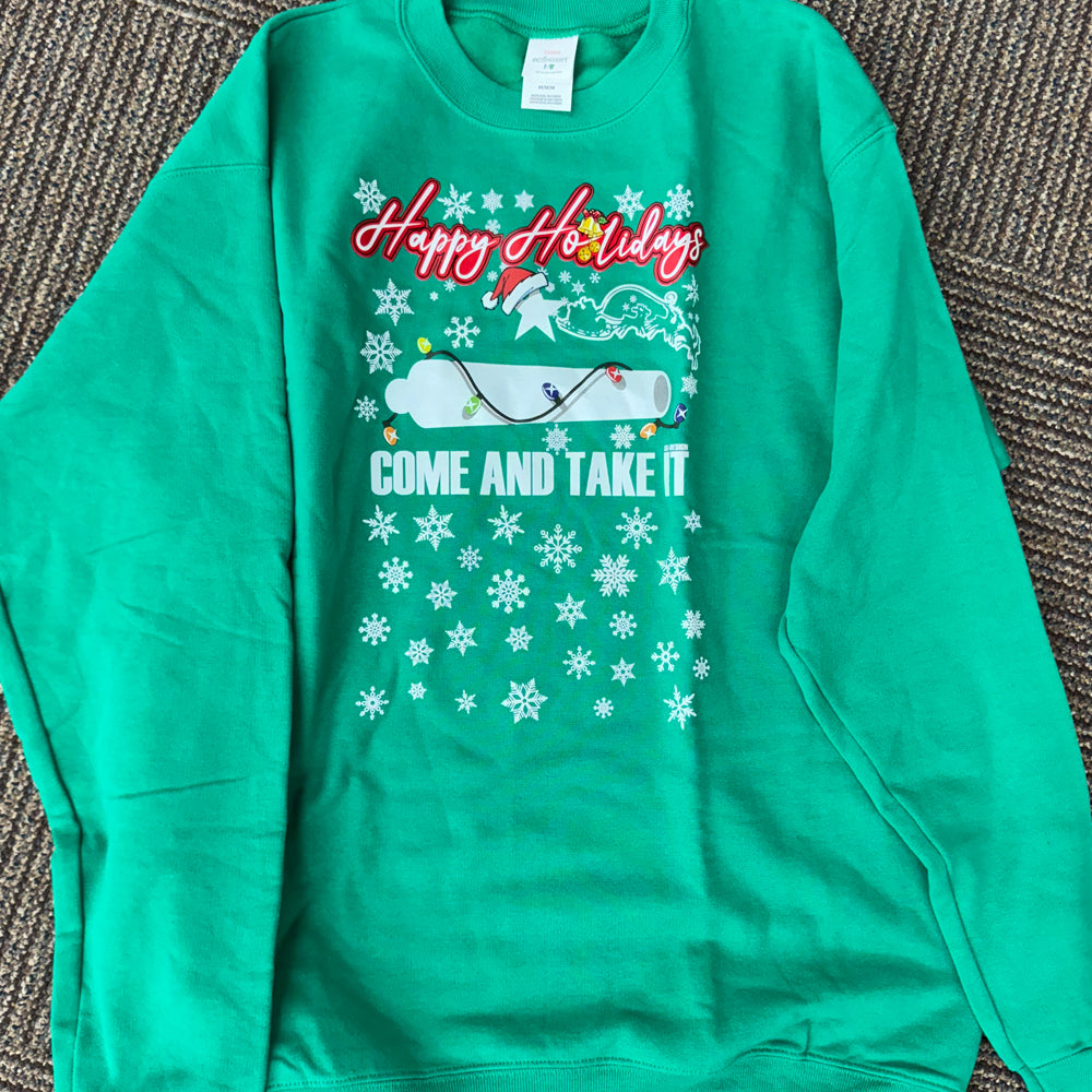 Happy Holidays Come and Take It Sweatshirt – Hanes EcoSmart Fleece | Gonzales TX Christmas Crewneck