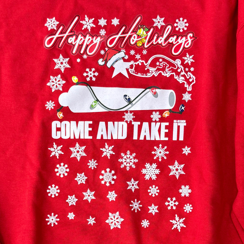 Happy Holidays Come and Take It Sweatshirt – Hanes EcoSmart Fleece | Gonzales TX Christmas Crewneck