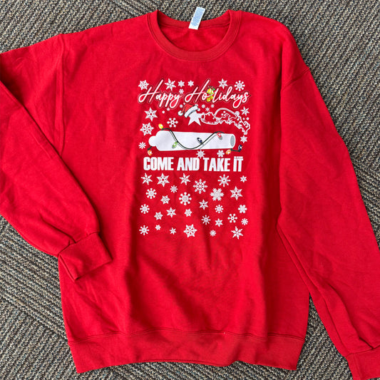 Happy Holidays Come and Take It Sweatshirt – Hanes EcoSmart Fleece | Gonzales TX Christmas Crewneck
