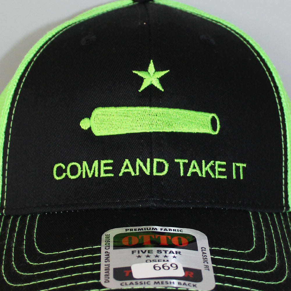 Come and Take It OTTO 6-Panel Low Profile Mesh Trucker Hat – Black/Black/Neon Green