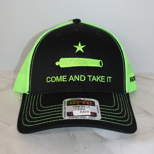 Come and Take It OTTO 6-Panel Low Profile Mesh Trucker Hat – Black/Black/Neon Green