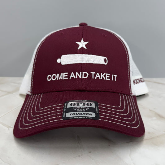 Come and Take It OTTO 6-Panel Low Profile Mesh Trucker Hat – White/White/Maroon